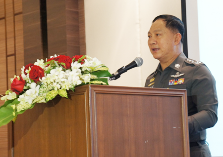 National Police Chief Gen. Adul Saengsingkaew addresses Metropolitan Police Bureau and Highway Police Division officers training in Pattaya.