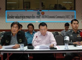 (L to R) Deputy Mayor Ronakit Ekasingh, Banglamung District Chief Sakchai Taengho, and Pol. Lt. Samret Chanviset, deputy chief of Pattaya’s traffic police, meet with city administrators to discuss the traffic situation in Pattaya.