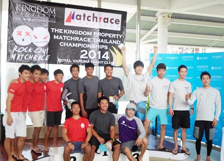 The top ranked skippers and crews pose on the podium at Royal Varuna Yacht Club.