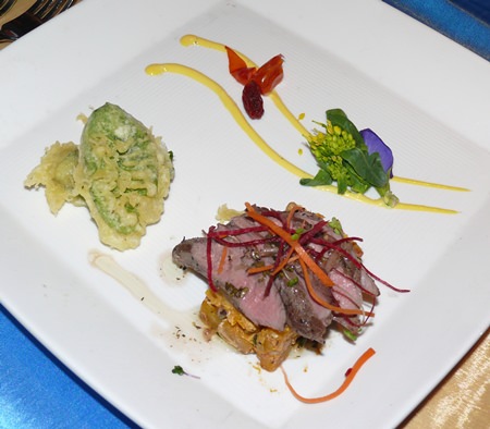 The first course featured a lamb tenderloin and baby spinach salad, goat cheese, butternut pumpkin and home-made semi-dried tomatoes.