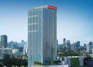 A computer graphic shows the AIA Capital Center on Bangkok’s Ratchadapisek Road.