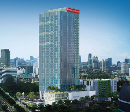 A computer graphic shows the AIA Capital Center on Bangkok’s Ratchadapisek Road.