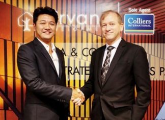 Nirvana CEO Sornsak Somwattana (left) and Simon Landy, Executive Chairman of Colliers International Thailand (right) shake hands on the new business partnership set up between the two companies.