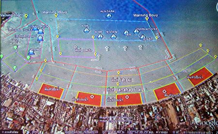 Proposed buoy areas for swimming, banana boats, jet-skis and parachuting in Pattaya Bay.
