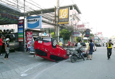 Remarkably, no one was hurt in this accident on Sukhumvit Road.
