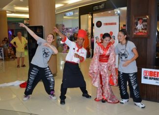 Hip-Hop teachers Megu (right) and Rebecca (left) bust some moves with 2 stars of the Benihana show.