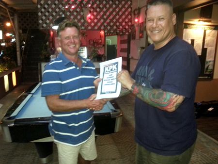 Buff (right) presents the KPK voucher to Friday’s winner, Colin Greig.