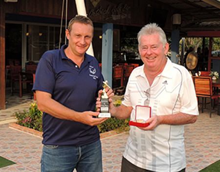Tony McDonough (right) receives his DeVere trophy from the day’s sponsor Greg Hirst.