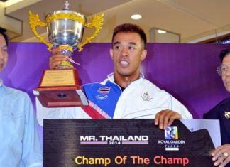 Wuthichai Sangtula from the Muscletech Thailand team holds aloft the prestigious HRH Princess Sirindhorn royal cup after retaining his ‘Mr. Thailand’ title in Pattaya.