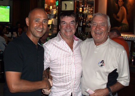 Sunday’s winners Justin Fowlis (left) and Peter Henshaw (right) with the golf president Christy Knight.
