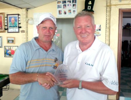 Paul Greenaway (left) accepts the Devere monthly trophy from Brian Chapman.