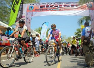 Mountain bikers prepare at the start line of the 2014 Pattaya Mountain Bike Challenge.