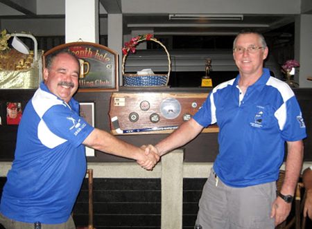 Tournament organizer Matt Millar (right) congratulates tournament champion Jack Levy (left).