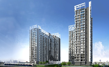 An artist’s graphic shows Ananda’s IDEO MOBI Sukhumvit condominium.