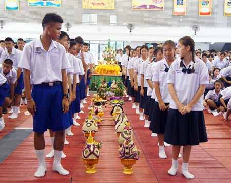 Students at Pattaya School No. 11 prepare to perform the annual wai khru ceremony.