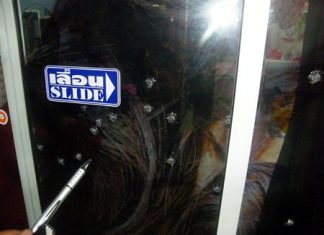 No one was hurt, but the window of this salon were damaged by pellet gun fire.