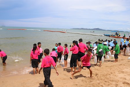 Students release fish into the sea.