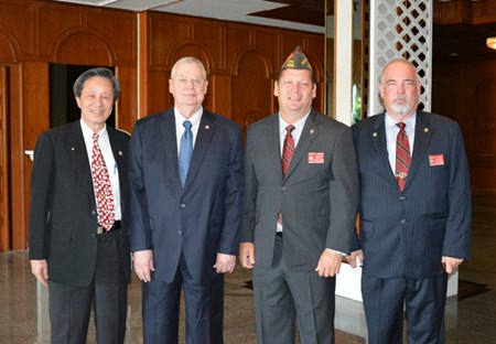 (L to R) Hans Song, Senior Counselor of the Veteran Affairs Commission; Bill Hudson, Senior Vice Commander VFW Department of Pacific Areas; Shawn Watson, Commander of the VFW Department of Pacific Areas; and Homer Kemper, Junior Vice Commander of the VFW Department of Pacific Areas.