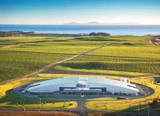 The impressive Yealands winery among the vineyards.