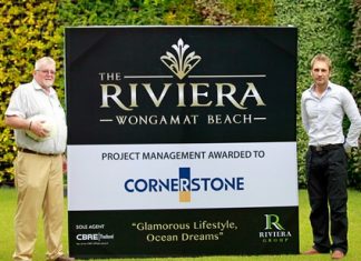 David English of Cornerstone (left) and project developer Winston Gale (right) pose for a photo after Cornerstone were appointed by Riviera Group to manage construction of the 3.5 billion baht development.