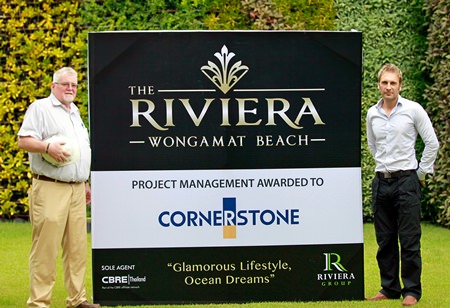 David English of Cornerstone (left) and project developer Winston Gale (right) pose for a photo after Cornerstone were appointed by Riviera Group to manage construction of the 3.5 billion baht development.