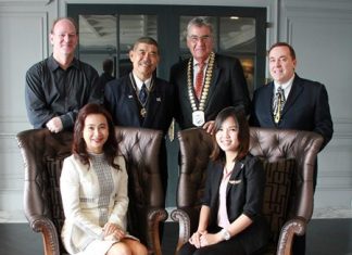 Members of the Skål International Bangkok Executive Committee pictured with special guests at the organization’s monthly networking luncheon on 15 July 2014. Seated: Pirada Techavijit (right), now training to become Thailand’s first astronaut, and Kanokros Sakdanares, newly-elected President of Thailand’s Hotel Public Relations Association. Standing (left to right): Stephen Morton (Director - Young Skål); Somsak Kiratipanich (Vice-President - Skål International Bangkok); Dale Lawrence (President - Skål International Bangkok) and Brinley Waddell (Skål’s International Councilor for Thailand).