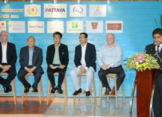 Tony Malhotra (Pattaya Mail & Skål) introduces members the NPA (l-R) Brendan Daly (Amari Pattaya), Chatchawal Supachayanont (Dusit Thani Pattaya), Poramet Amatyakul, Director of the TAT Thailand, Puripan Bunnag, Director of the Domestic MICE Department and Bob James, MD of Sheerbravado Design & Marketing.