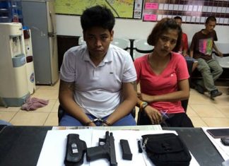 Jakraphan Charoenchairungruang (left) and Sunisa Photphiphit (right) have been arrested for attempting to sell a stolen handgun through Facebook.