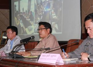 (L to R) Banglamung District Chief Sakchai Taengho, Royal Thai Navy Vice Adm. Rernglit Boonsongprasert and Pattaya police chief Col. Supathee Bungkhrong tell nightspot owners to stay within the guidelines of the law.