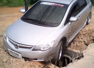 The obstacle course has caused a string of accidents, most recently by Teeranan Opas, who drove his Honda Civic into an unmarked hole, causing damage to the undercarriage.