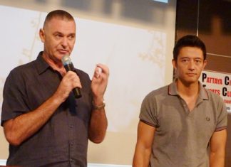 Peter Lloyd explains how he wrote the screenplay, acted in, and co-produced the short film “Clueless?” for the Bangkok 9Filmfest while Byron Bishop looks on.
