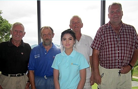 Thursday winners: Ted Morris, Joe Vanderwegon, Mick Coghlan and Lasse Pettersson with one of the lovely staff at Pattavia.