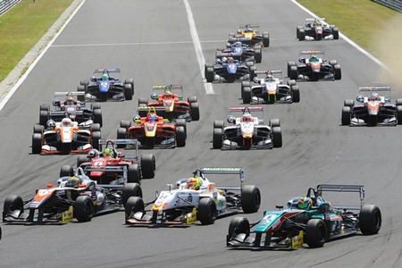 Thailand’s Sandy Stuvik (front left) challenges for the lead at the start of Race 2 during the Euroformula Open championship Round 4 at the Hungaroring Circuit in Hungary, Sunday, July 6.
