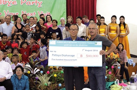 Ewald Dietrich (right) presents Fr. Michael Weera Phangrak a check for 500,000 baht.