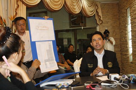 Mayor Itthiphol Kunplome called a press conference to address the chain of complaints about the construction of a 53-story condominium and hotel project at Bali Hai Pier after photos showing the tower obstructing a classic Pattaya viewpoint went viral on the Internet last week.
