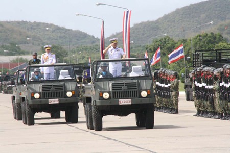Commanders of the Royal Thai Navy’s Air and Coastal Defense Command inspect the troops to marked their 24th anniversary.