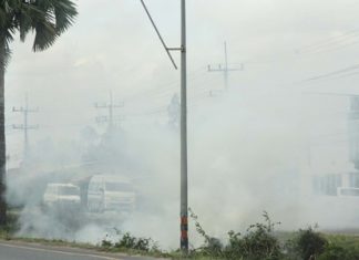 Smoke, roadwork reduce traffic to crawl in Najomtien The crew burns cut grass and vegetation in a roadside ditch, causing poor visibility and creating some near misses.