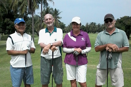 A formidable four-ball: Masashi Iizumi, Mr Len, Dianne and Tom Murphy, on the first at Mt Shadow.