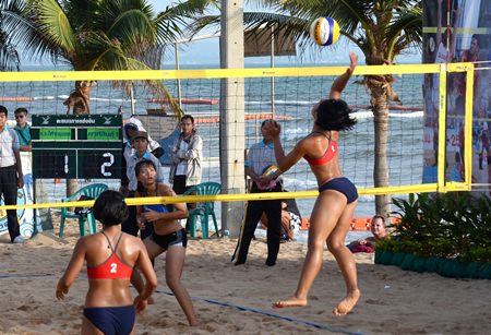 A Kalasin player attempts a smash against Bangkok Sports School in the female U-17 final.