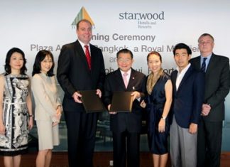 (L to R): June Ng, Regional Director HR, Starwood Hotels & Resorts, Indochina; Serena Lim, Vice President, Acquisitions & Development, Starwood Hotels & Resorts, Asia Pacific; Matthew Fry, Senior Vice President, Acquisitions & Development, Starwood Hotels & Resorts, Asia Pacific; Charoen Sirivadhanabhakdi, Chairman TCC Group; Wallapa Traisorat, President TCC Group; Soammaphat Traisorat, CEO TCC Group; and Georges Baurin, EVP-Asset Management, International Branded Hotels in Thailand, TCC Hotels Group, all pose for a photo during the signing ceremony for the soon to be rebranded Sheraton Samui Resort.