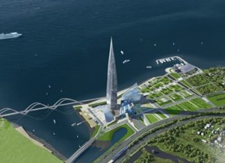An artist’s impression shows the Lakhta Center in St. Petersburg, Russia. The tower will stand 463 meters tall upon completion.