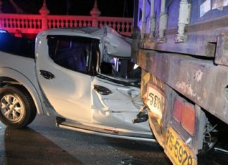 One person died and another was hurt during this collision in heavy rain on Sukhumvit Road.