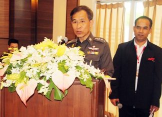 Col. Jirasak Meesattham, deputy commander of the general staff division at the Narcotics Suppression Bureau, tells a D.A.R.E. meeting in Pattaya that the bureau wants to recruit 3,276 more trainers by the end of 2015.