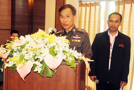 Col. Jirasak Meesattham, deputy commander of the general staff division at the Narcotics Suppression Bureau, tells a D.A.R.E. meeting in Pattaya that the bureau wants to recruit 3,276 more trainers by the end of 2015.