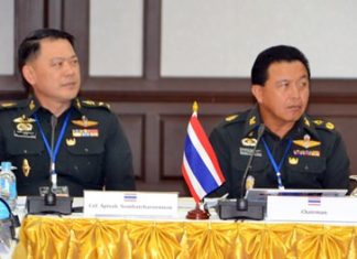 Strategic Studies Centre director Pol. Maj. Chaianand Jankhananurak (right), chaired the event, shown here seated with Pol. Col. Apicsak Sombatcharoennon.