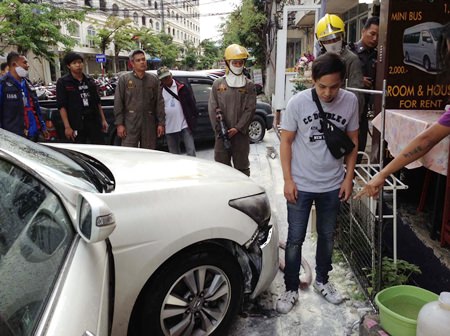Luckily no one was hurt when a cooking-gas fire damaged this Camry parked out front of the restaurant.
