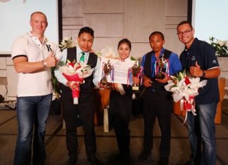 Matthew Wren, Director of Food & Beverage, Hilton Pattaya; Peerasak Rungthatree, 1st runner up from the Edge restaurant; Saichon Chongnok, the winner from Drift bar; Mai Nammaseang, 2nd runner up from Horizon rooftop bar & restaurant; and Jean-Philippe Dehaes, Director of Operations, Hilton Pattaya.