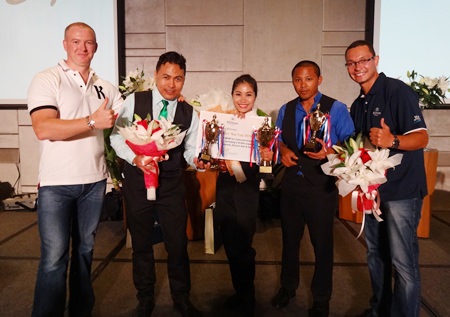 Matthew Wren, Director of Food & Beverage, Hilton Pattaya; Peerasak Rungthatree, 1st runner up from the Edge restaurant; Saichon Chongnok, the winner from Drift bar; Mai Nammaseang, 2nd runner up from Horizon rooftop bar & restaurant; and Jean-Philippe Dehaes, Director of Operations, Hilton Pattaya.