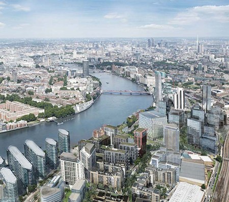 An artist’s graphic shows the Nine Elms development in London (bottom left).