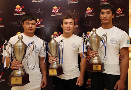 (L to R) Magzhan Shamyiev, winner of the under 75 kg. division; Raikhanov Shynbolat, winner of the under 85 kg. division; and Ongarbayev Kypyrgali, winner of the over 85 kg. division.